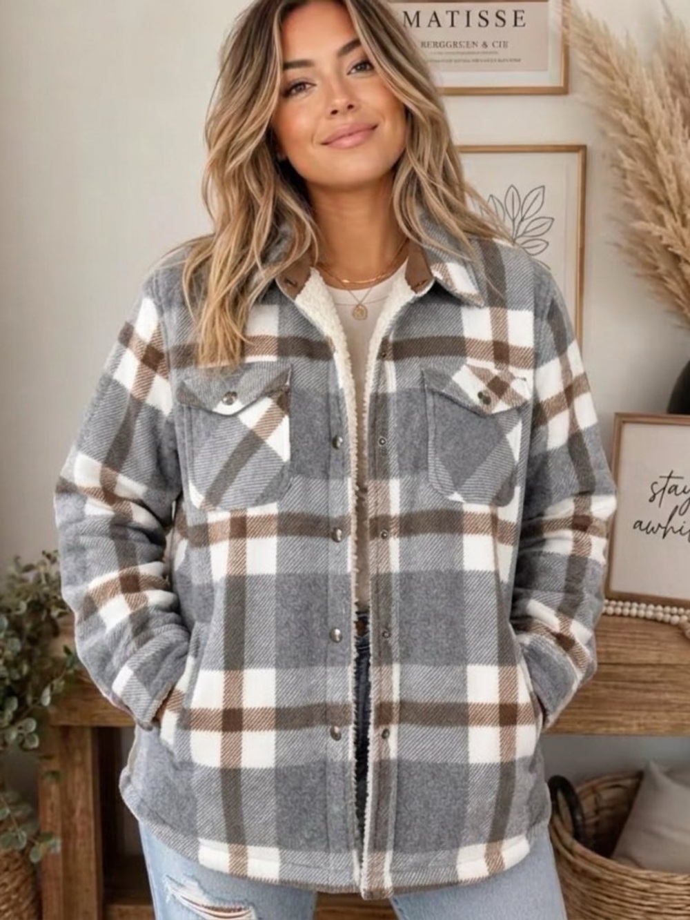 Sage Collective Plaid Sherpa-Lined Fleece Shacket Jacket Size Medium